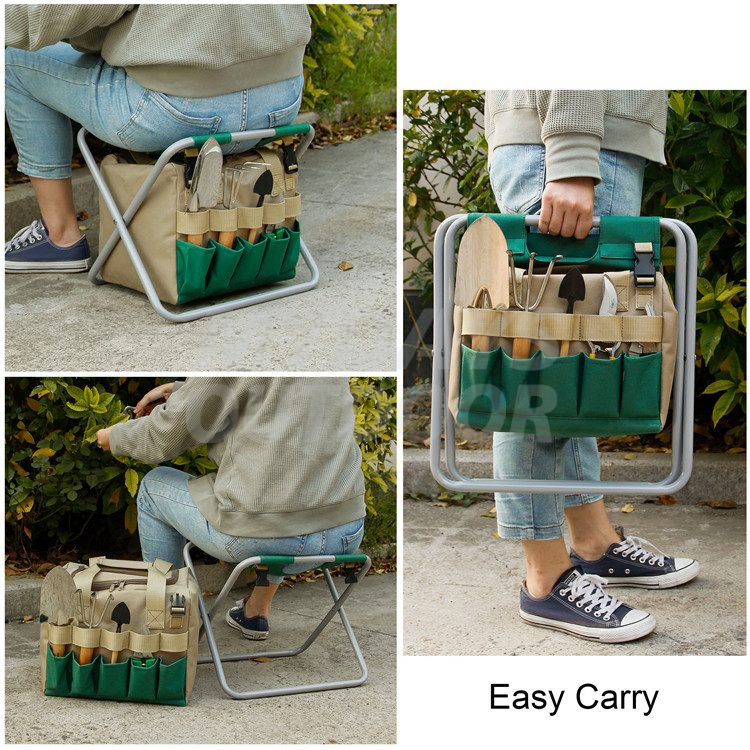 Garden Tools Set Heavy Duty Folding Stool Tote Bag and Stainless Steel Gardening Tools MDSGG-4